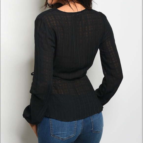 Waist Tie Black Wrap Blouse - Picture 5 of 5